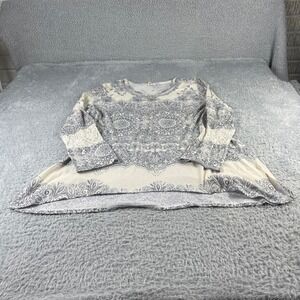 Madison Berkeley Womens 3X Long Sleeve Tunic Top Cream Blue Lace Trim Print